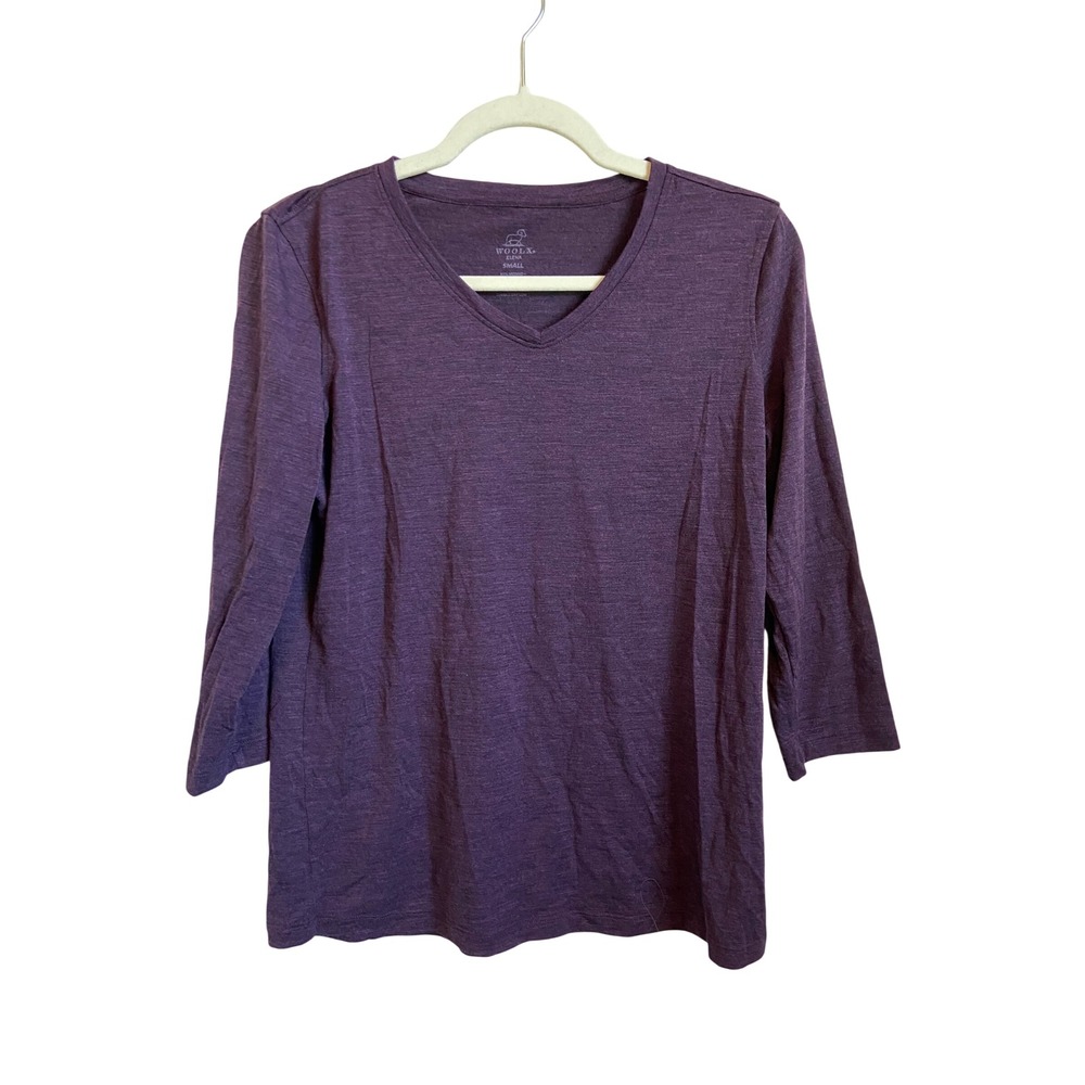 Woolx Elena Purple Merino Wool Blend V-Neck 3/4 Sleeve Top Small Heathered
